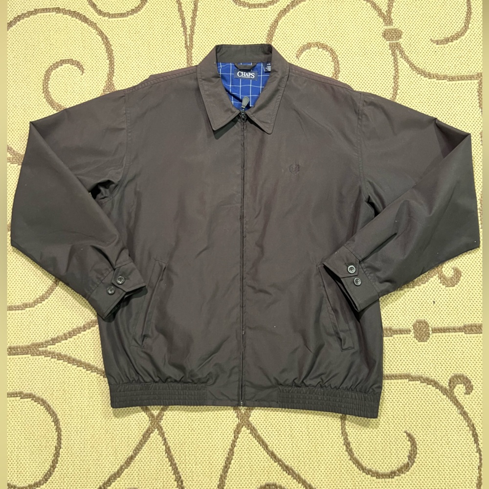 Chaps Mens XL Harrington Jacket Black Bomber Blue Check Lining